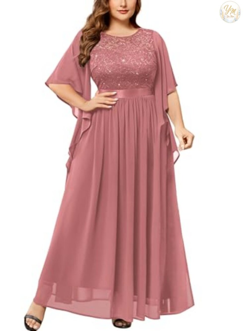 Plus Size Sequin Lace Cape Sleeve Formal Evening Gown Maxi Dress